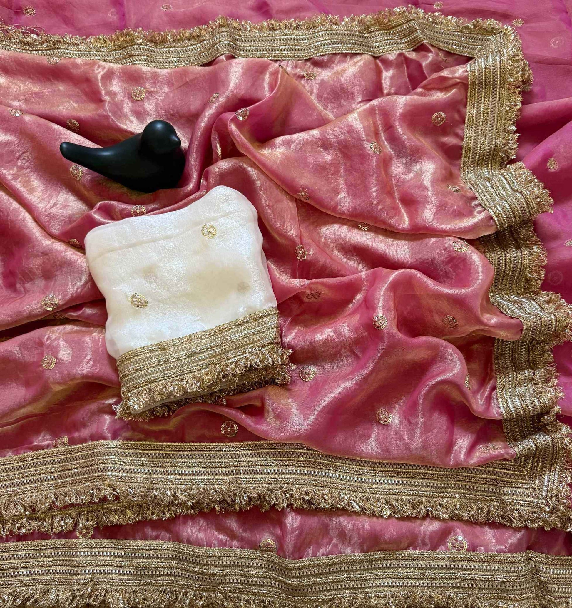 Peach Fendy Satin Saree with Embroidery & Heavy Lace Border
