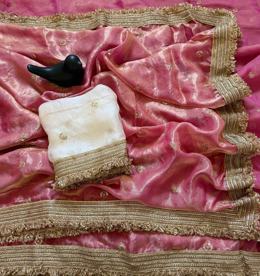 Peach Fendy Satin Saree with Embroidery & Heavy Lace Border