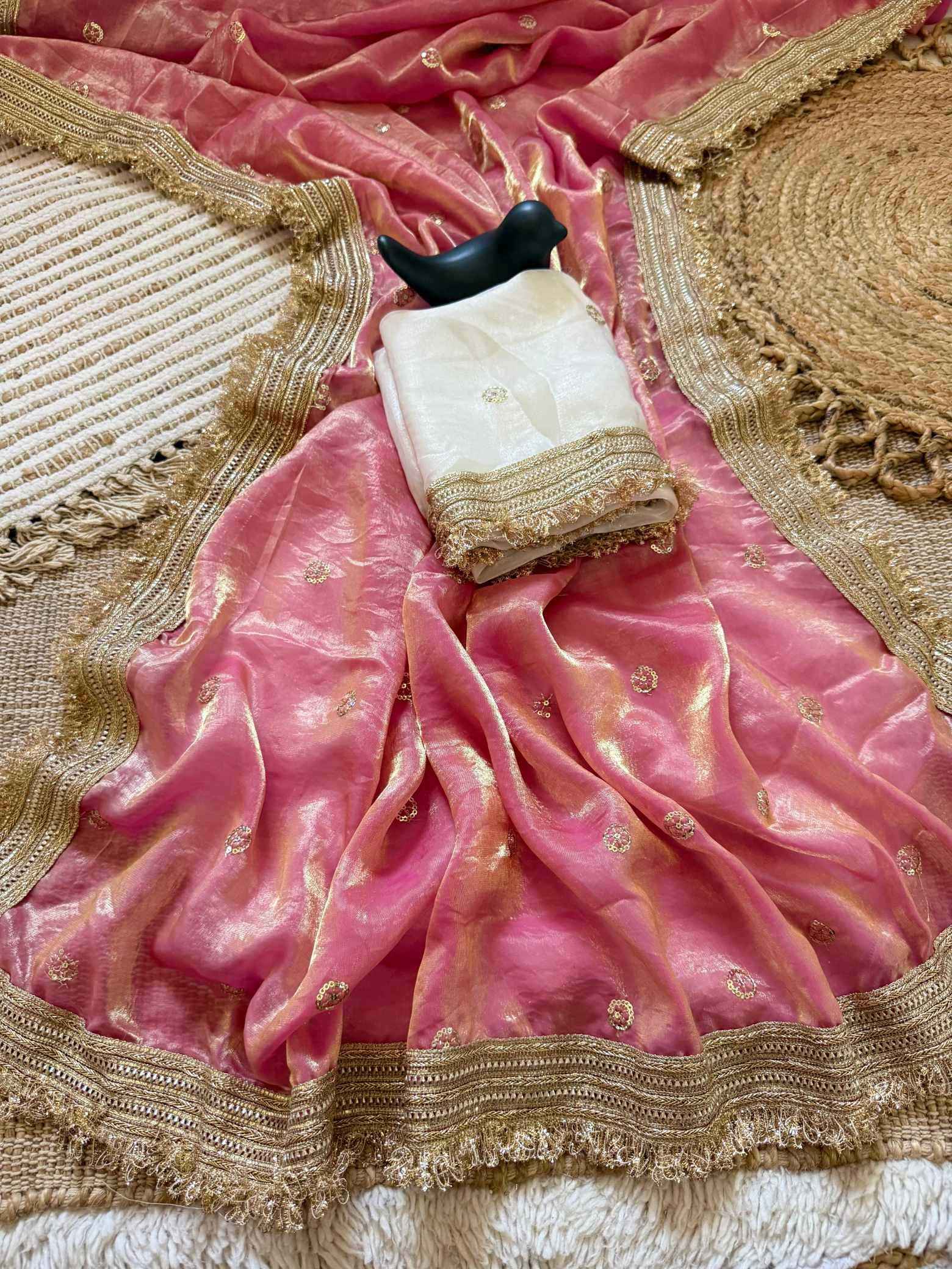 Peach Fendy Satin Saree with Embroidery & Heavy Lace Border