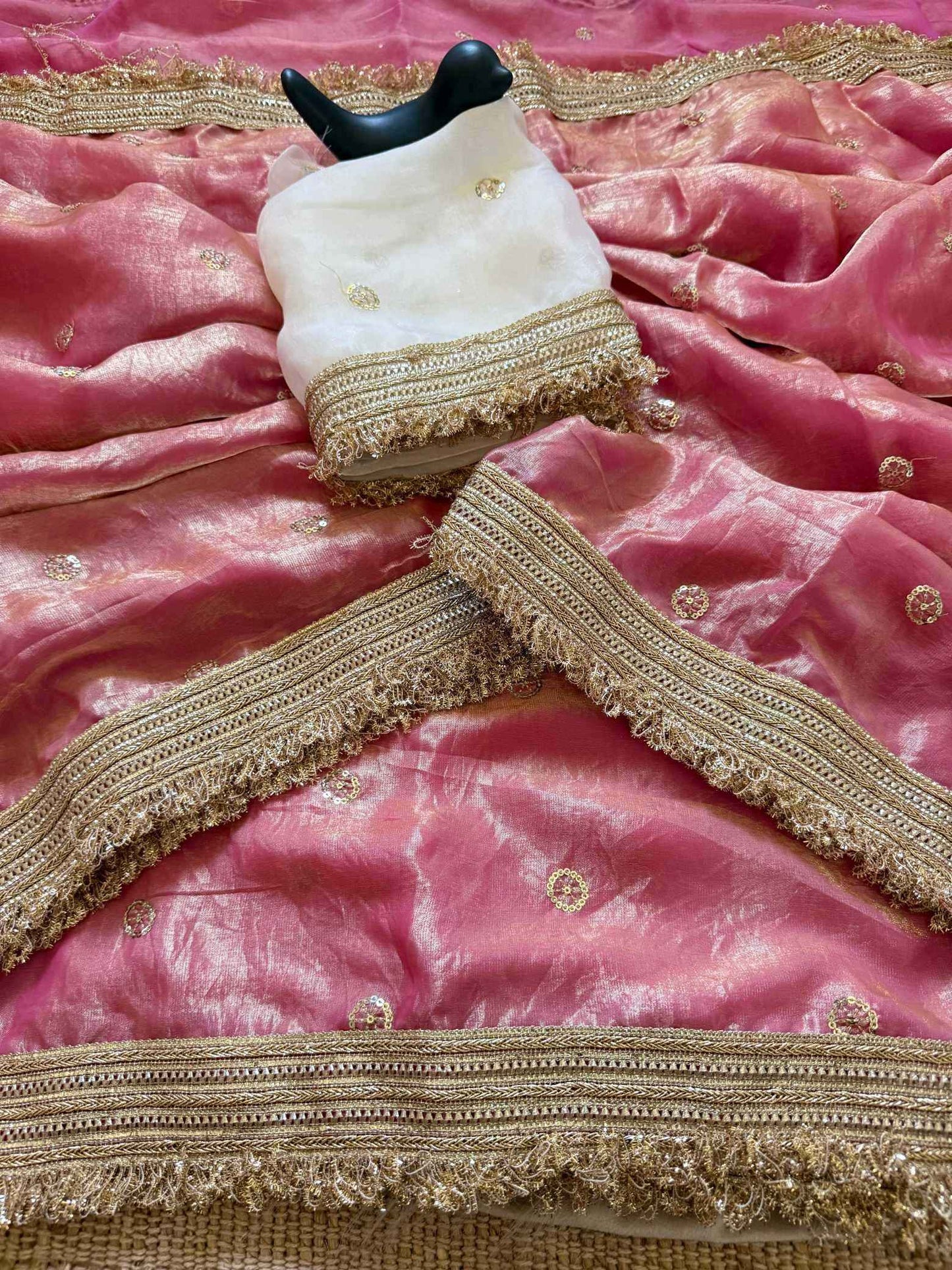 Peach Fendy Satin Saree with Embroidery & Heavy Lace Border