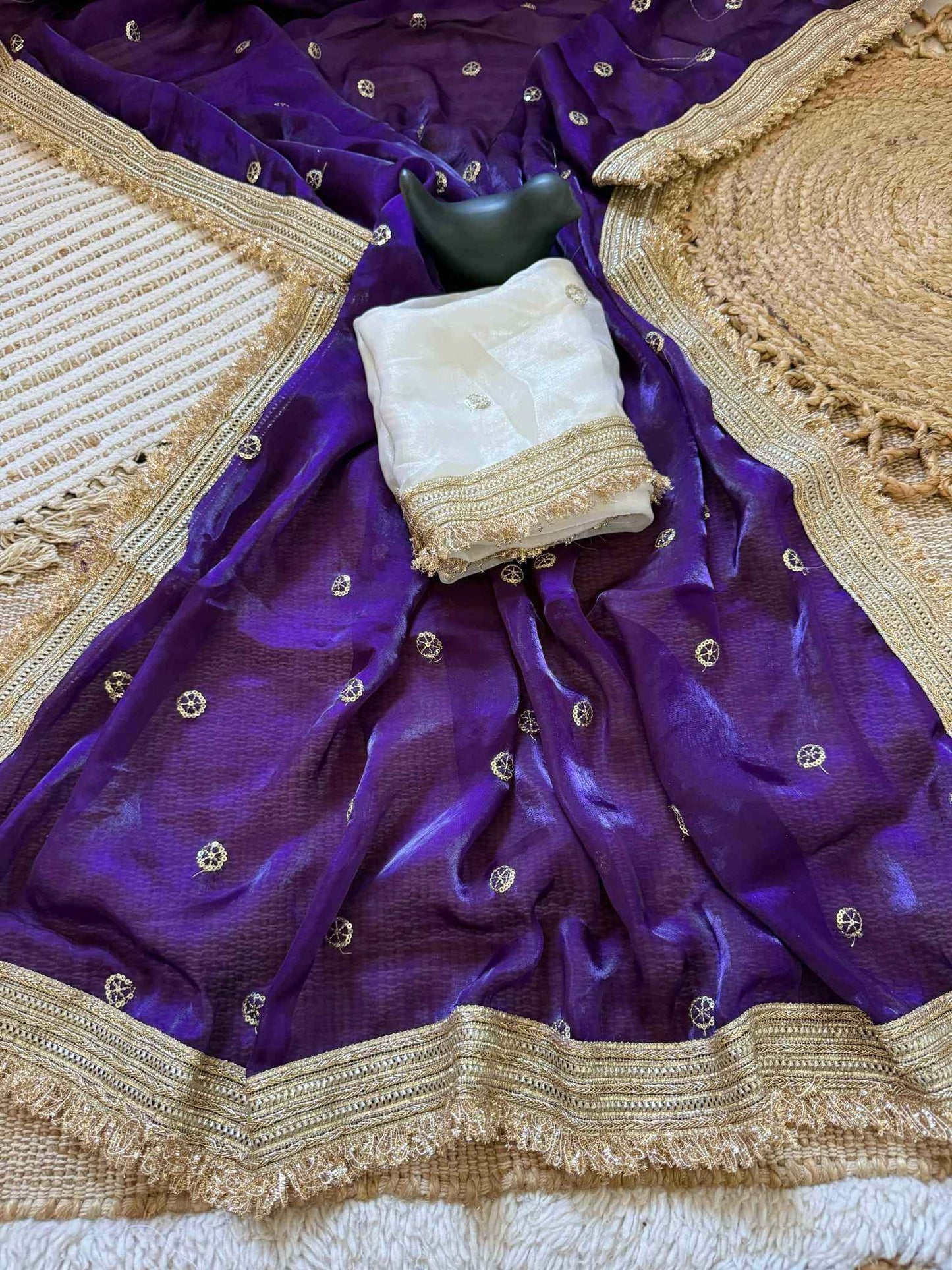 Violet Fendy Satin Saree with Embroidery & Heavy Lace Border