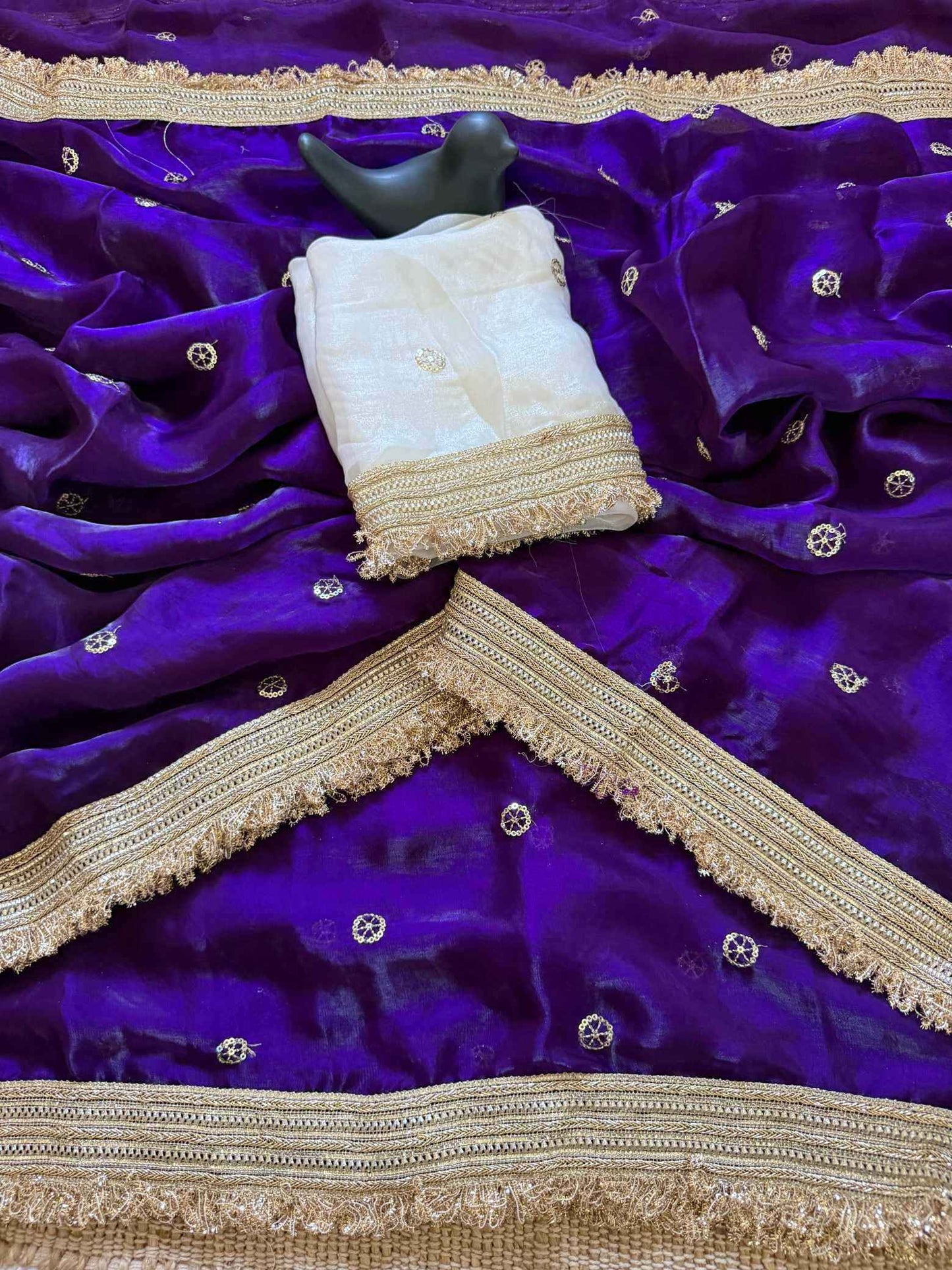 Violet Fendy Satin Saree with Embroidery & Heavy Lace Border