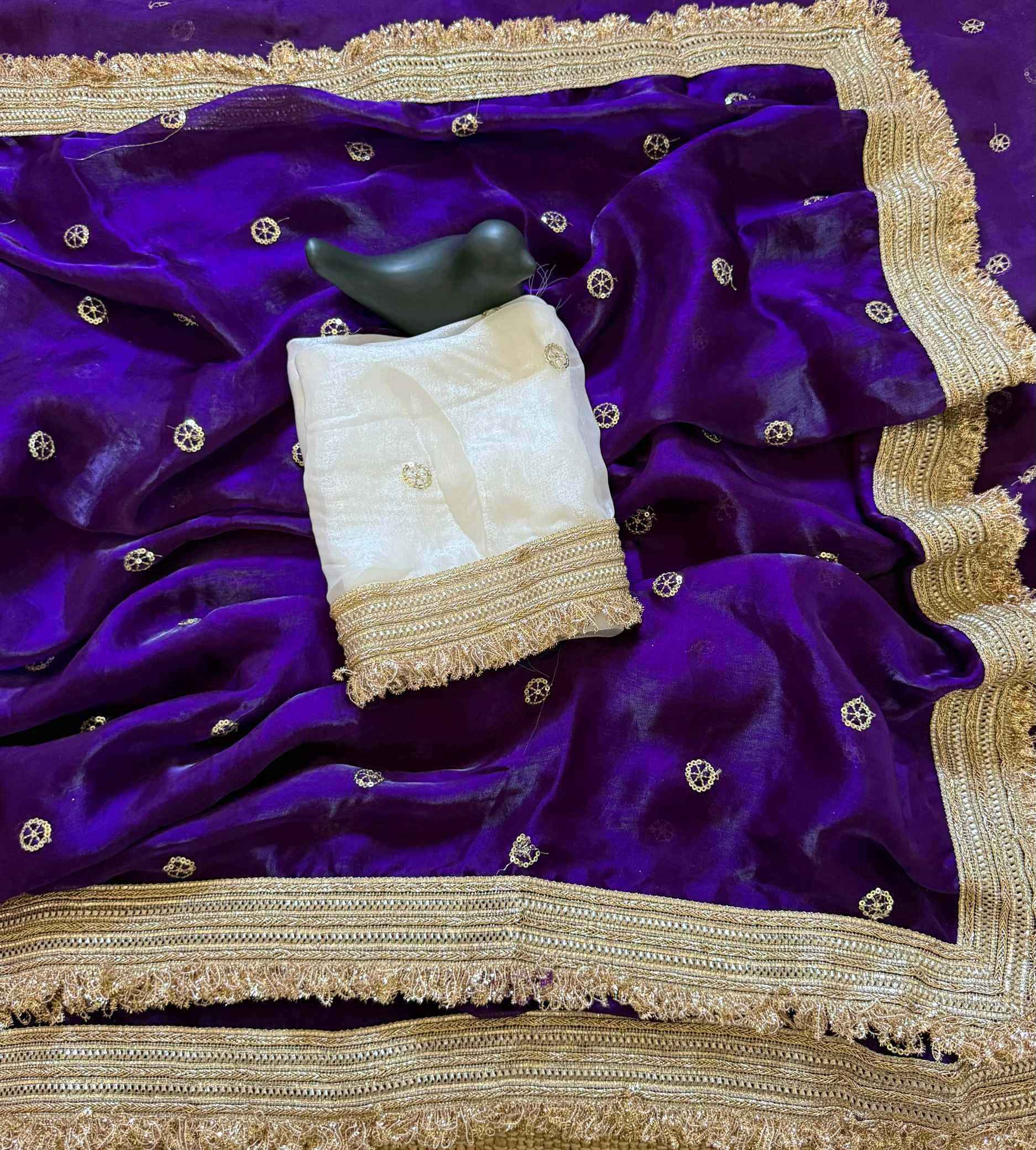 Violet Fendy Satin Saree with Embroidery & Heavy Lace Border