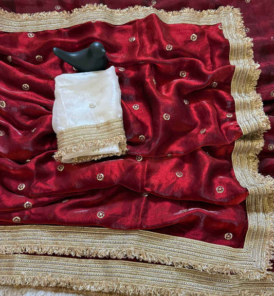 Wine Fendy Satin Saree with Embroidery & Heavy Lace Border