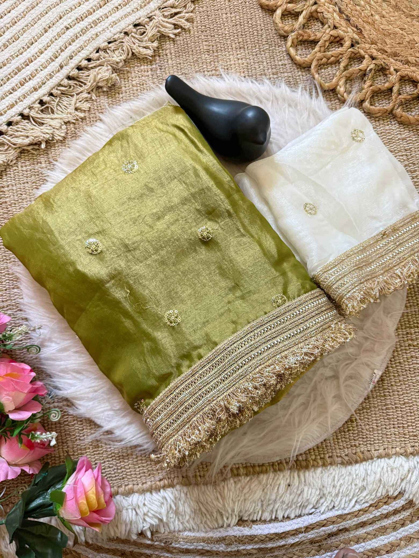 Mehndi Fendy Satin Saree with Embroidery & Heavy Lace Border