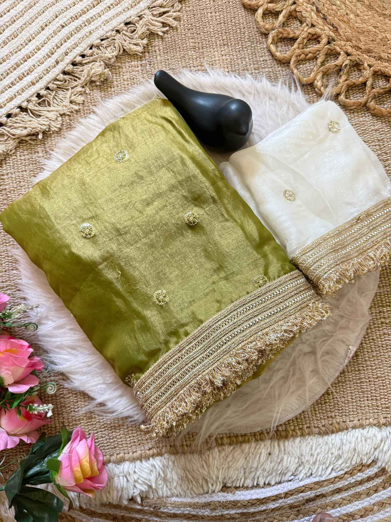 Mehndi Fendy Satin Saree with Embroidery & Heavy Lace Border