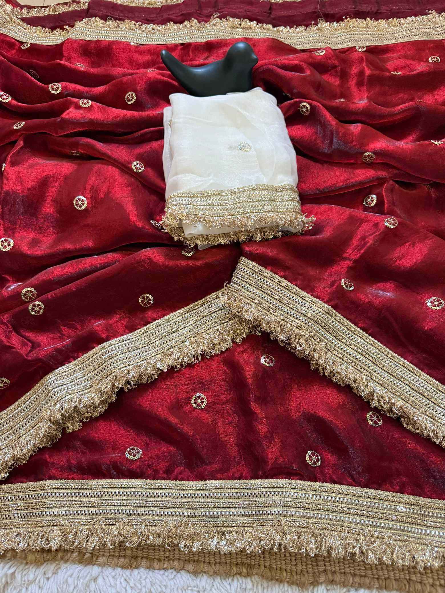 Wine Fendy Satin Saree with Embroidery & Heavy Lace Border