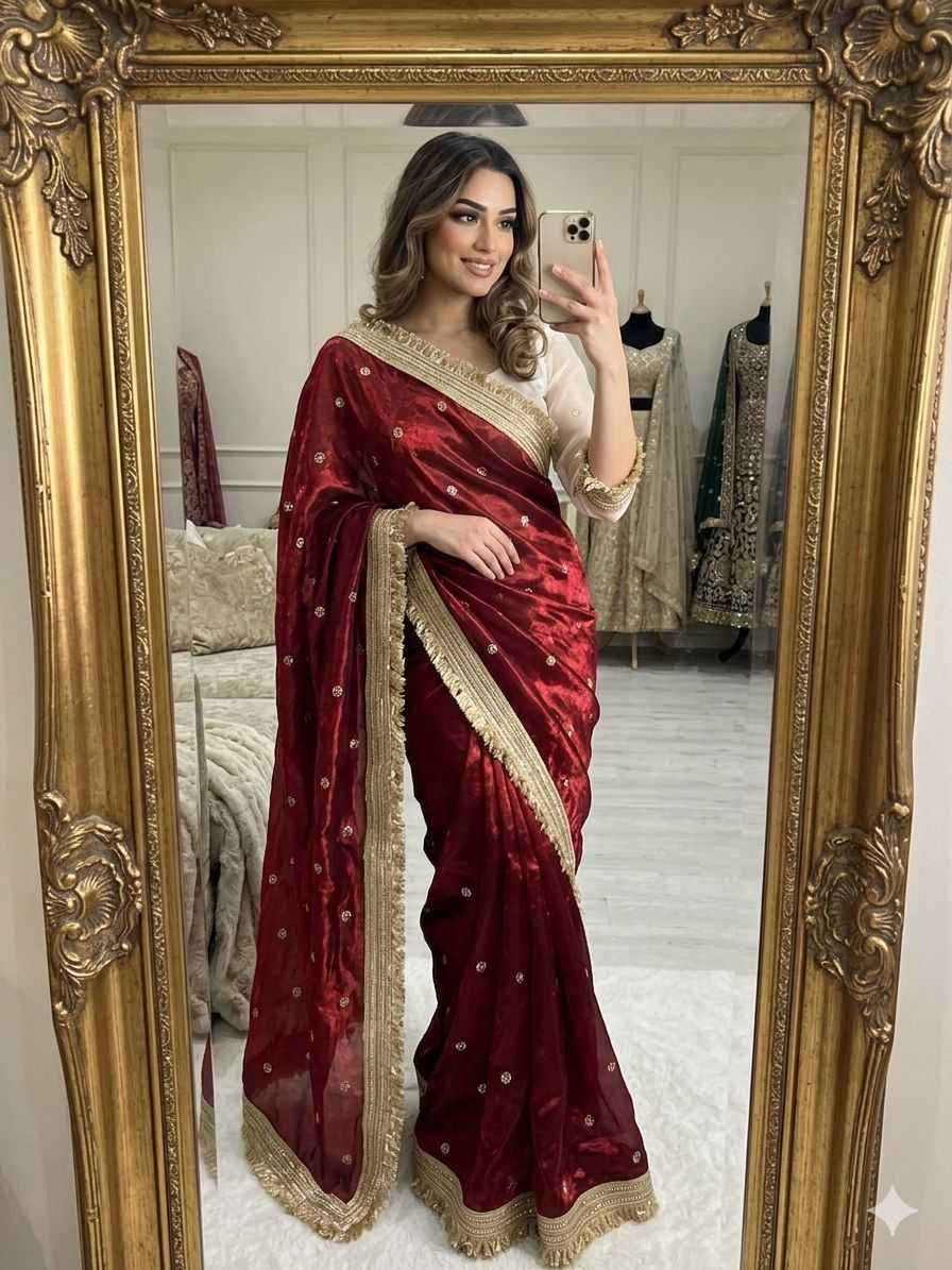 Wine Fendy Satin Saree with Embroidery & Heavy Lace Border