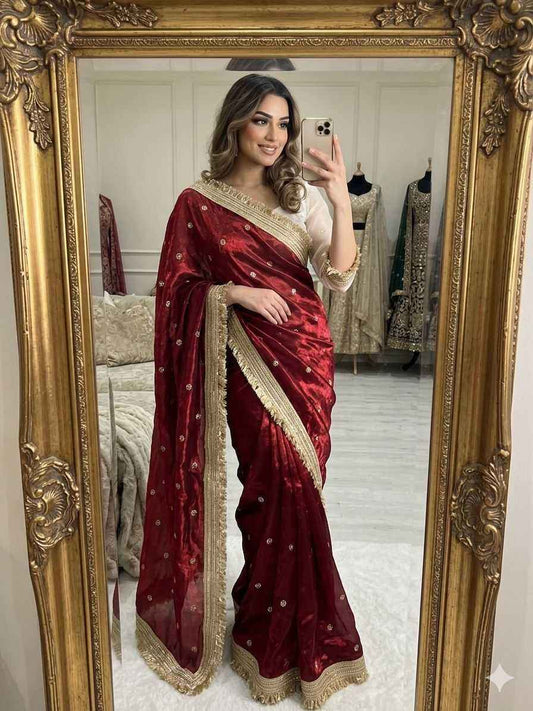 Wine Fendy Satin Saree with Embroidery & Heavy Lace Border