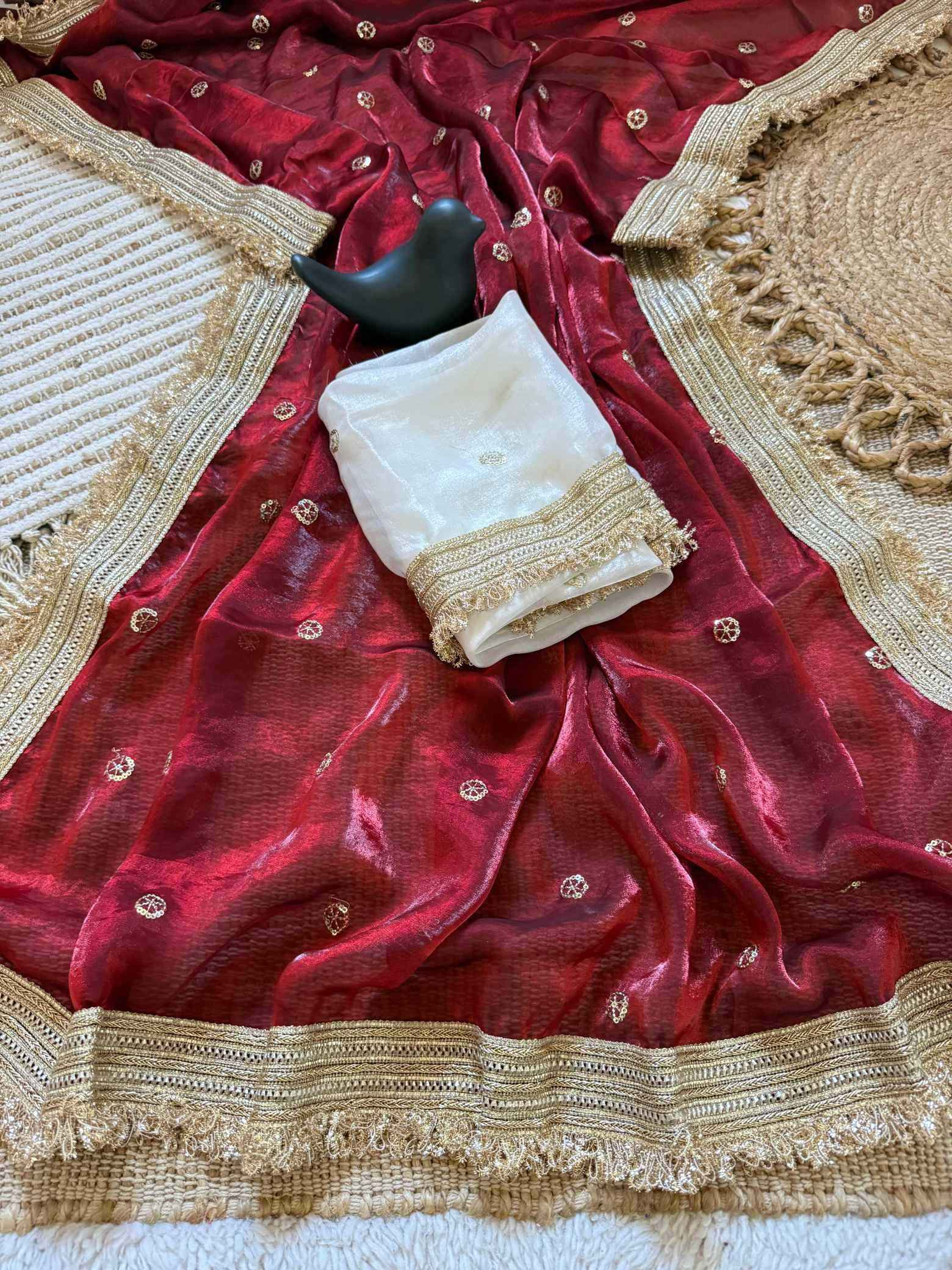 Wine Fendy Satin Saree with Embroidery & Heavy Lace Border