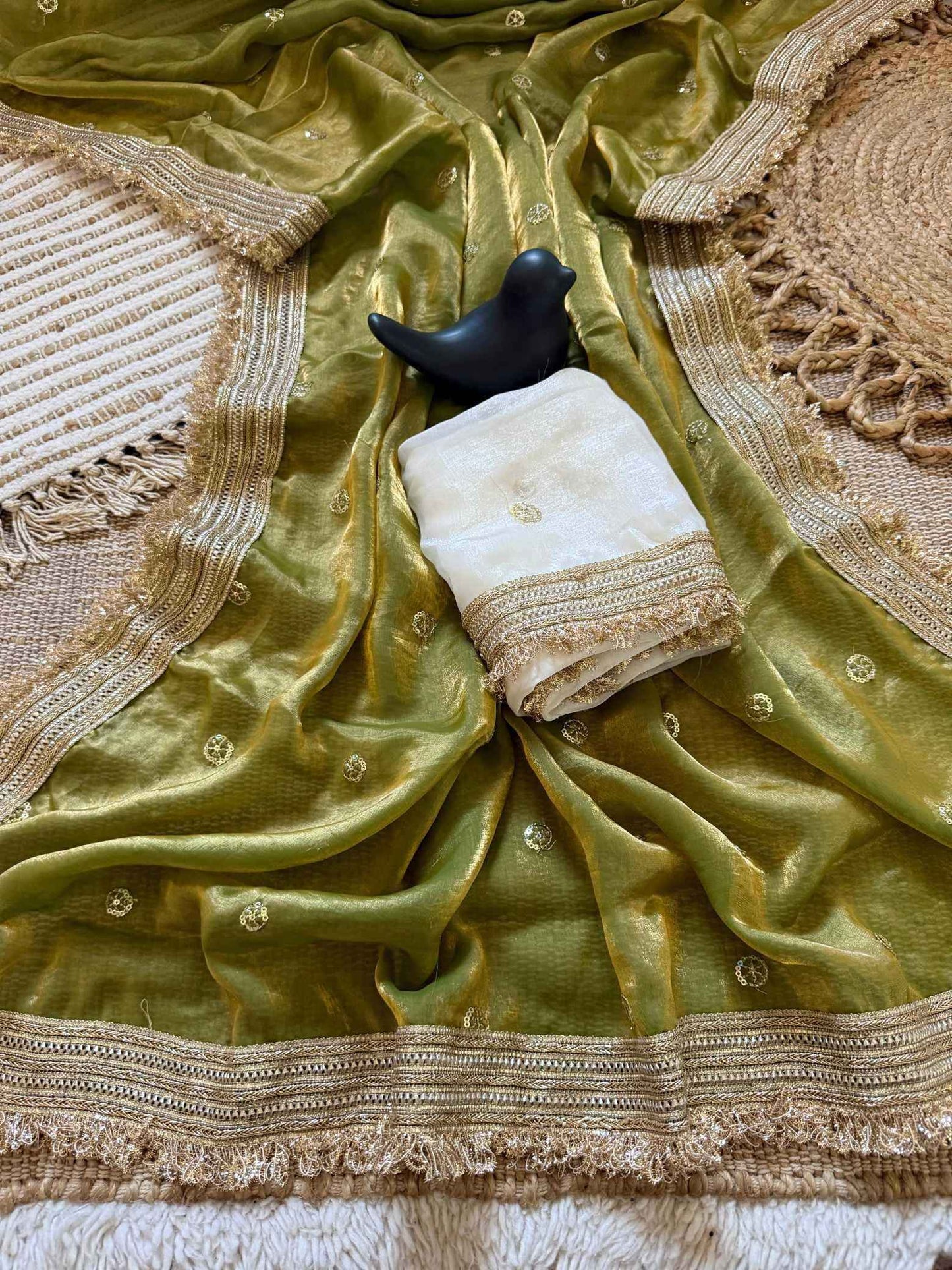 Mehndi Fendy Satin Saree with Embroidery & Heavy Lace Border