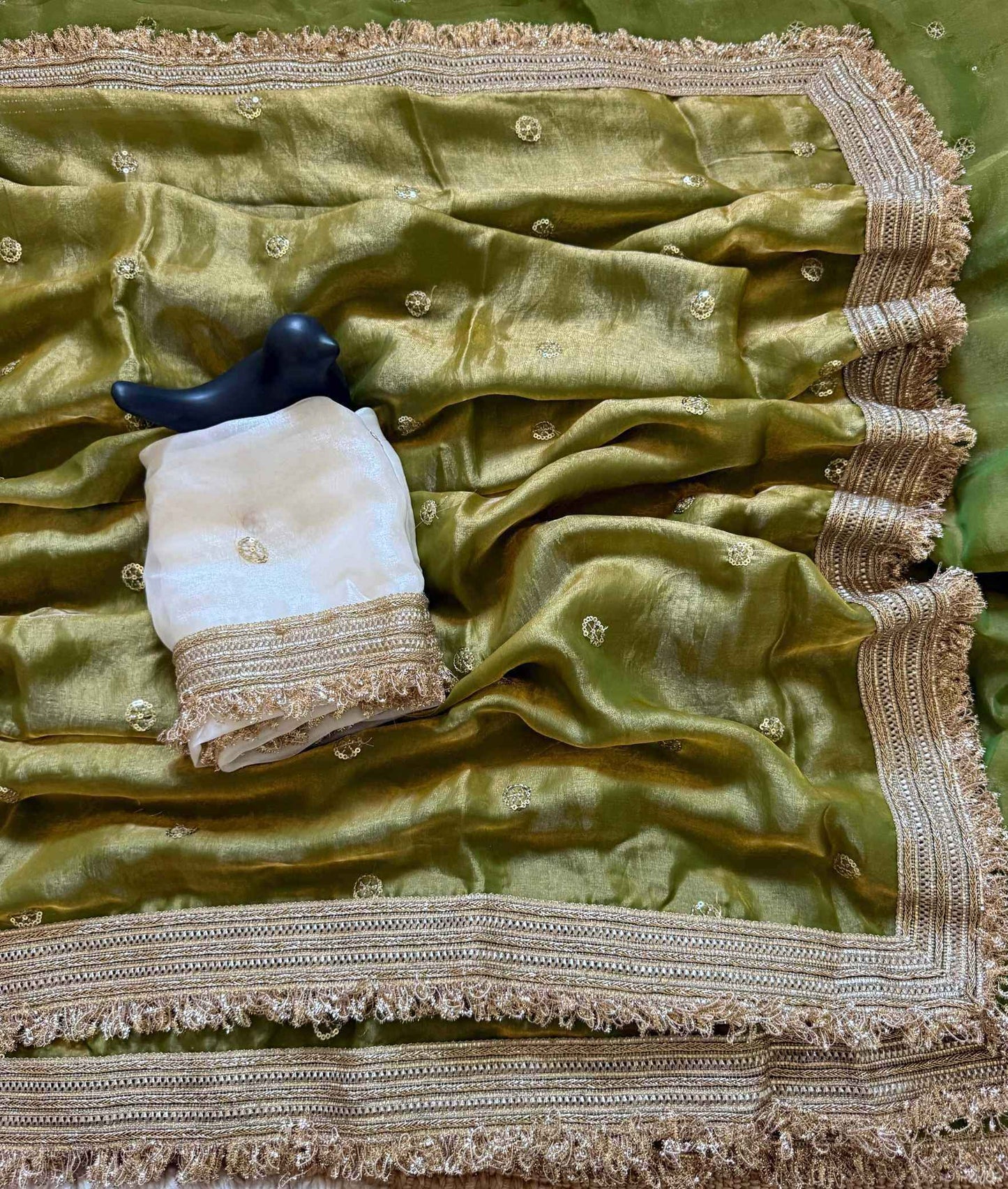 Mehndi Fendy Satin Saree with Embroidery & Heavy Lace Border