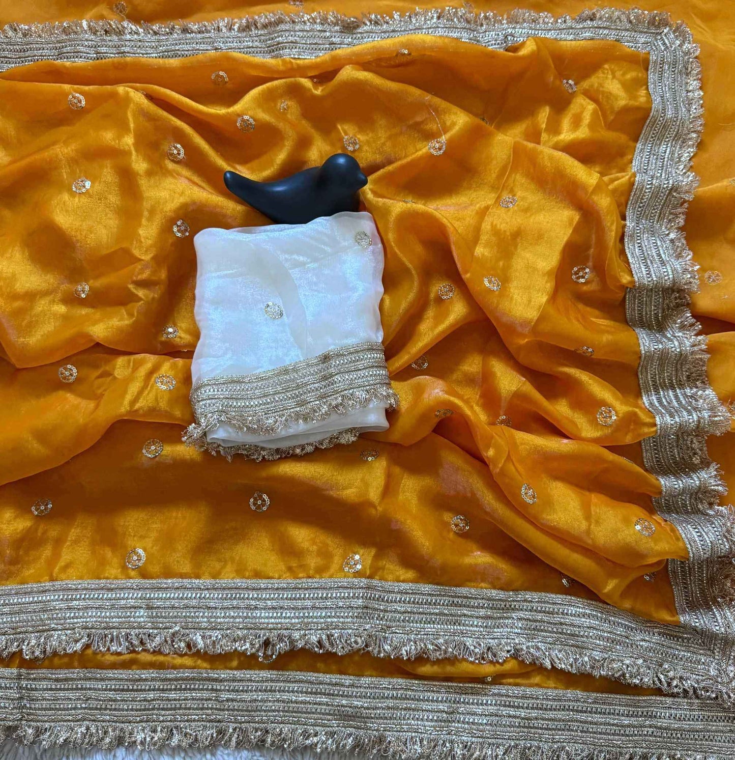 Mustard Fendy Satin Saree with Embroidery & Heavy Lace Border
