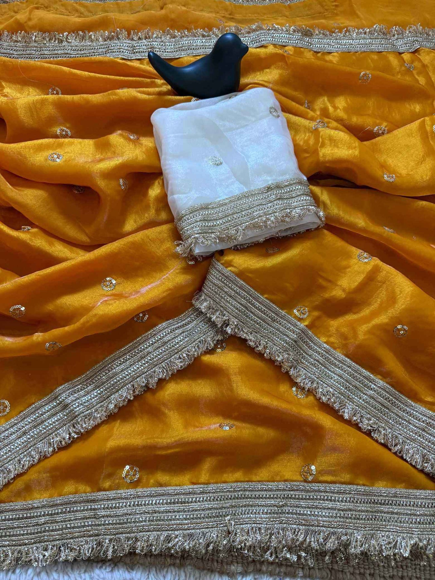 Mustard Fendy Satin Saree with Embroidery & Heavy Lace Border