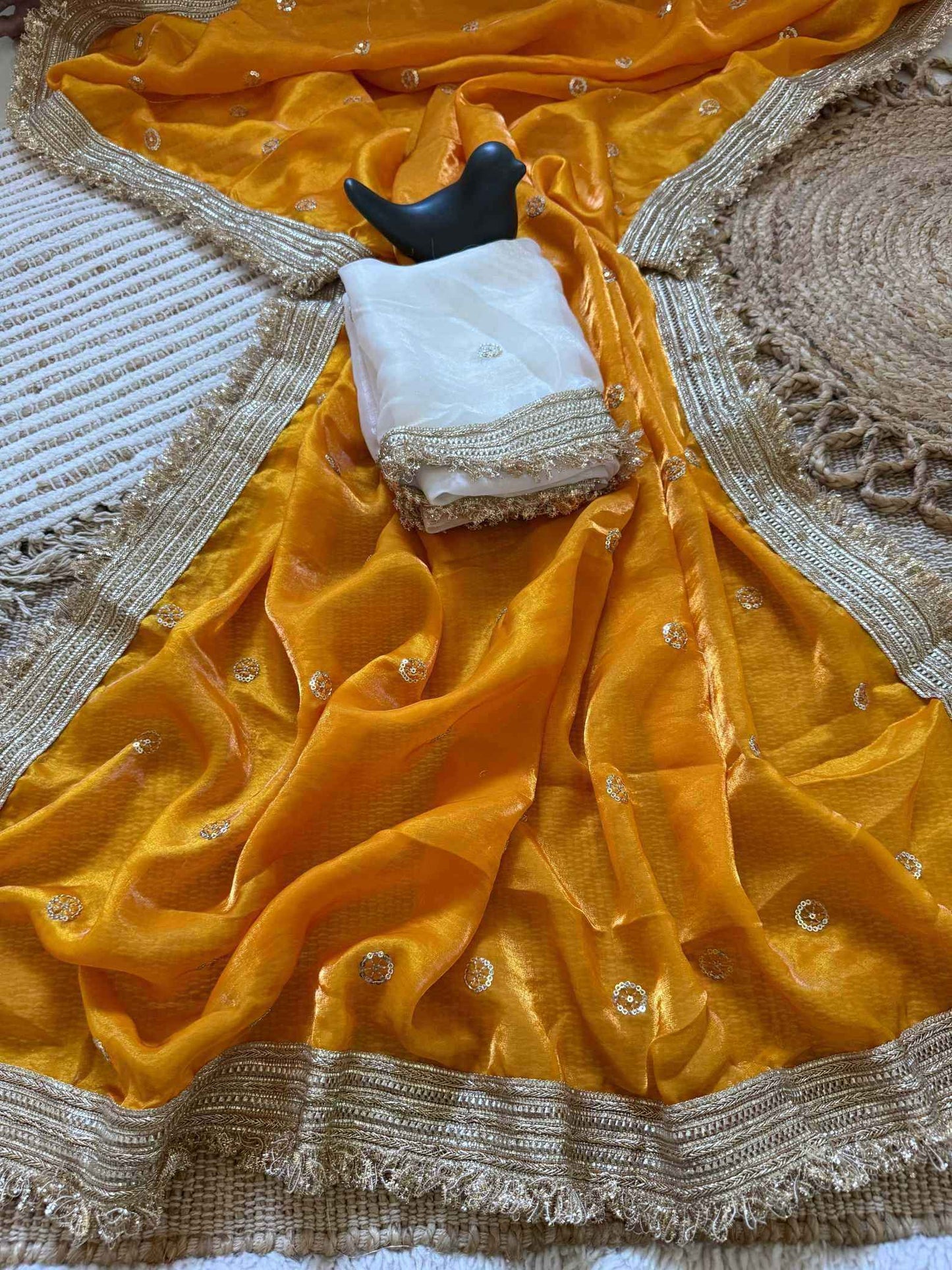 Mustard Fendy Satin Saree with Embroidery & Heavy Lace Border