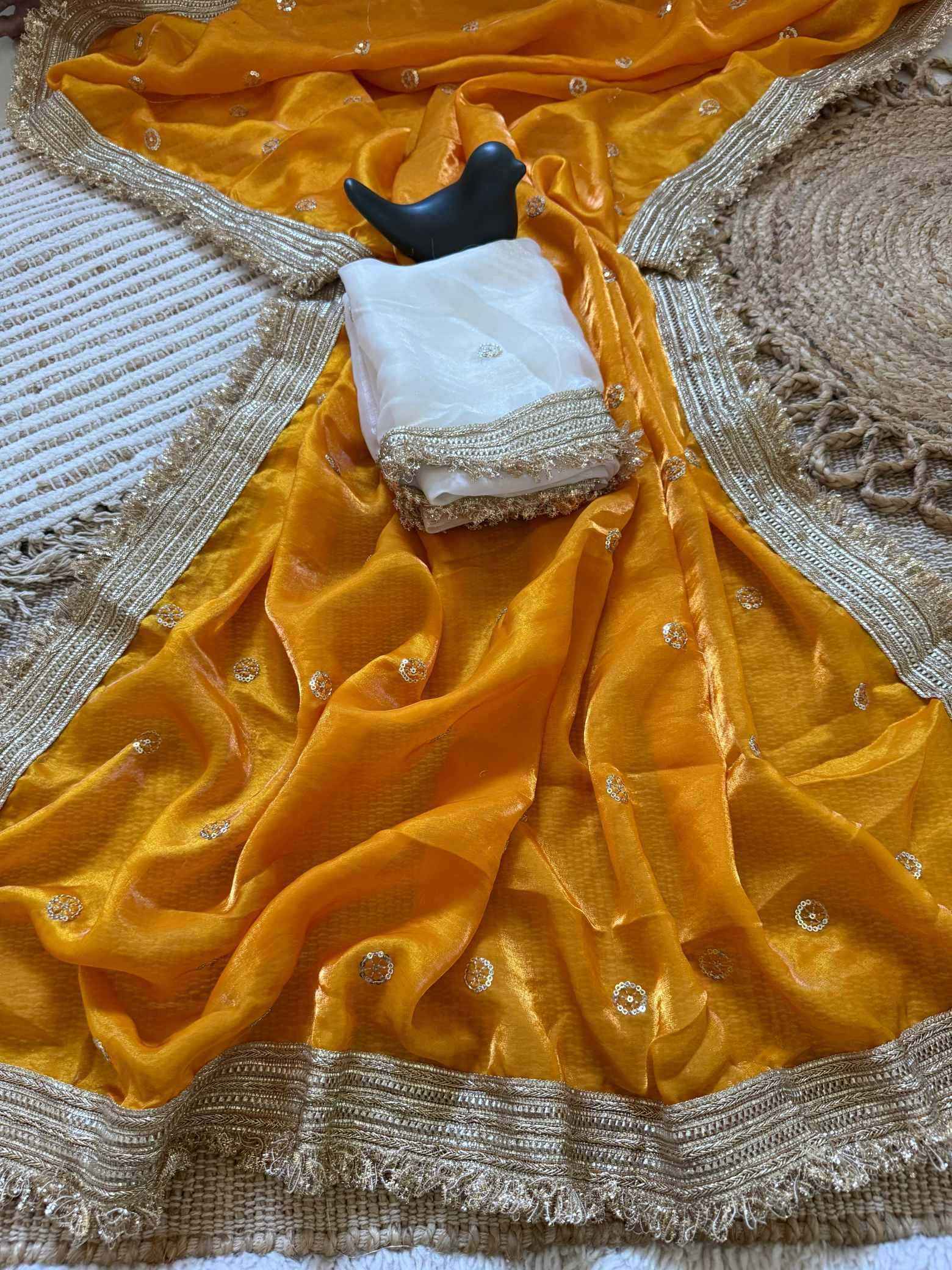 Mustard Fendy Satin Saree with Embroidery & Heavy Lace Border
