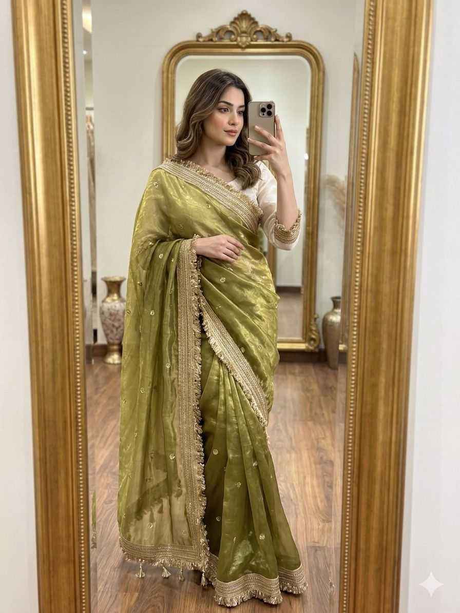 Mehndi Fendy Satin Saree with Embroidery & Heavy Lace Border