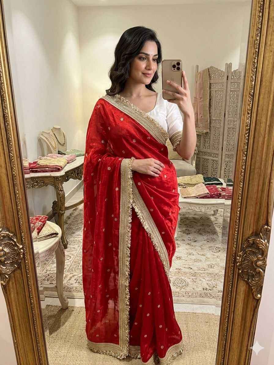 Red Fendy Satin Saree with Embroidery & Heavy Lace Border