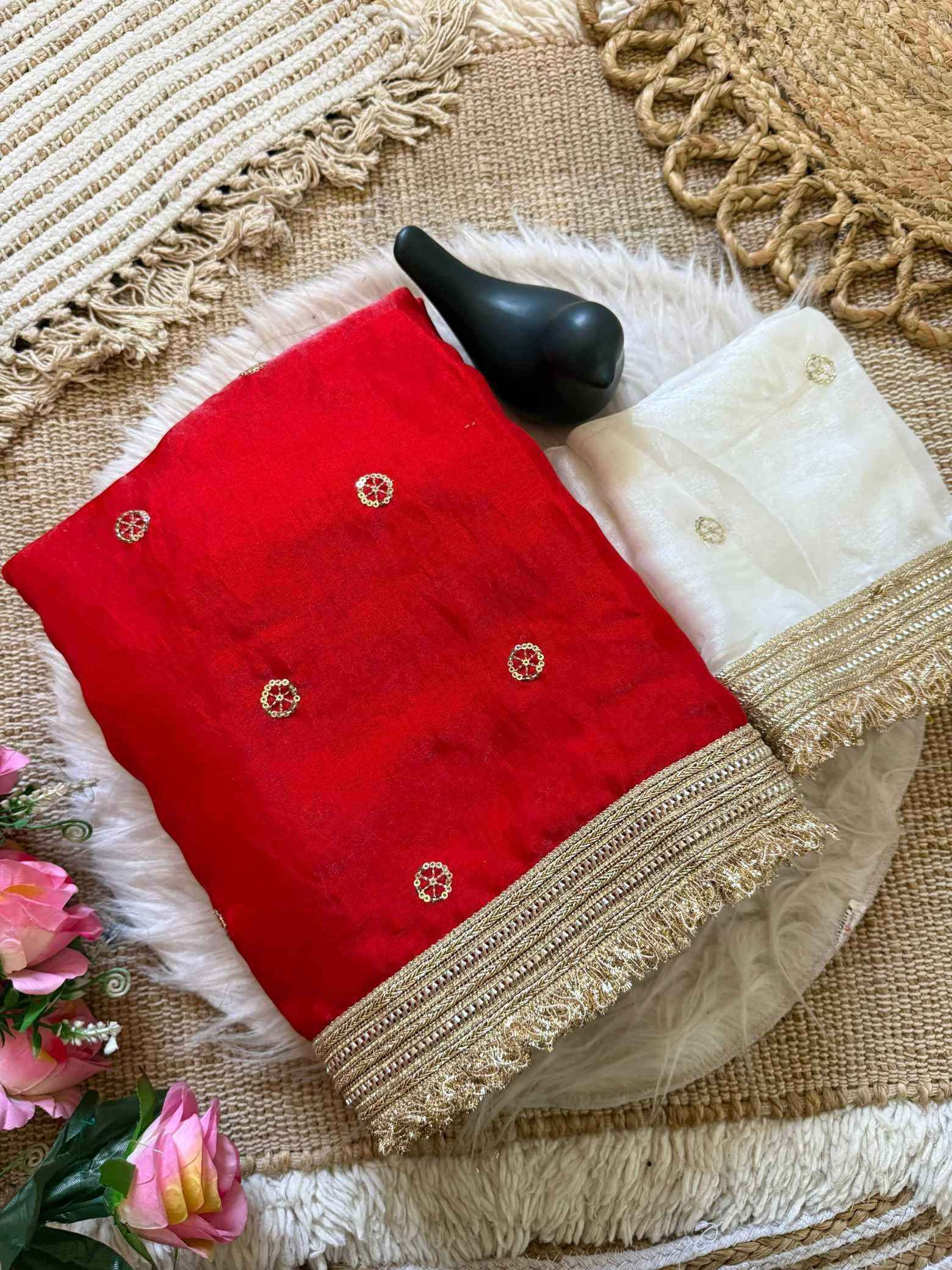 Red Fendy Satin Saree with Embroidery & Heavy Lace Border
