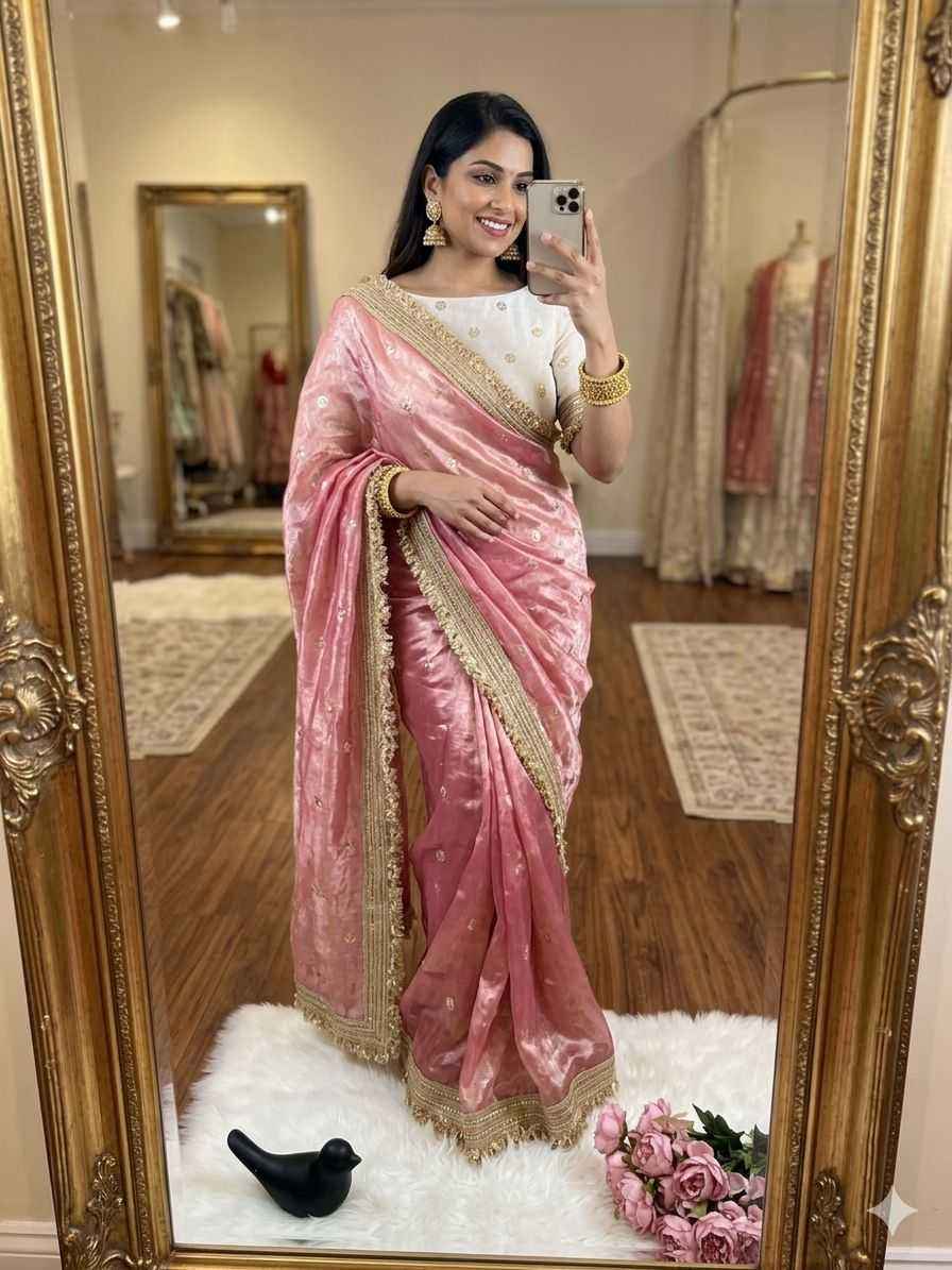 Peach Fendy Satin Saree with Embroidery & Heavy Lace Border