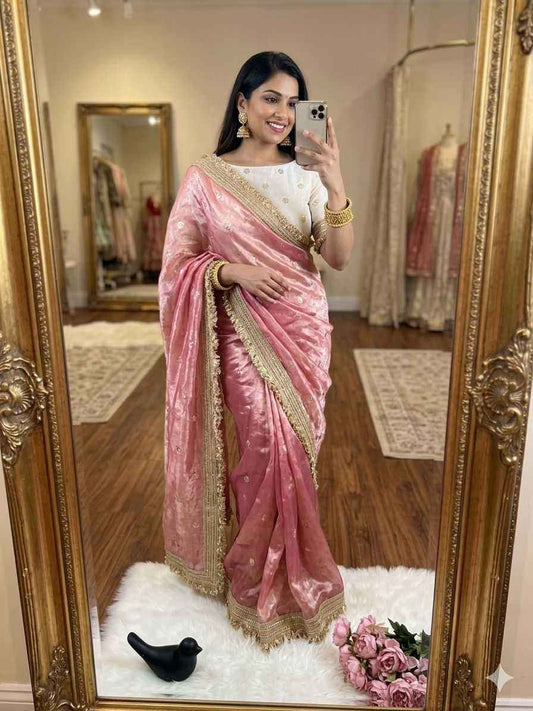 Peach Fendy Satin Saree with Embroidery & Heavy Lace Border