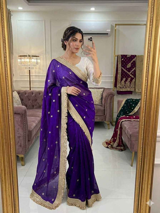Violet Fendy Satin Saree with Embroidery & Heavy Lace Border