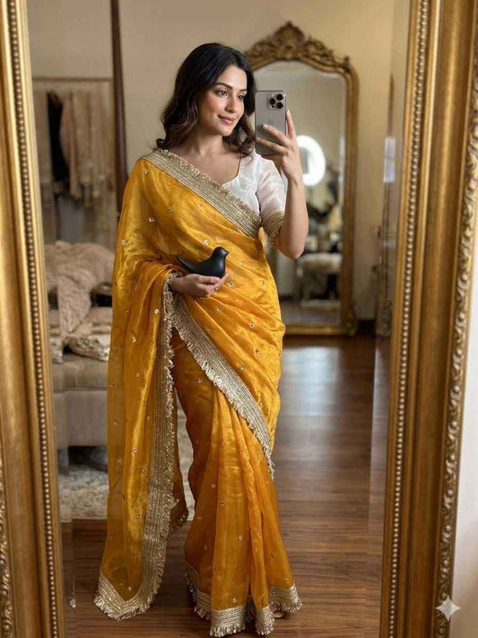Mustard Fendy Satin Saree with Embroidery & Heavy Lace Border