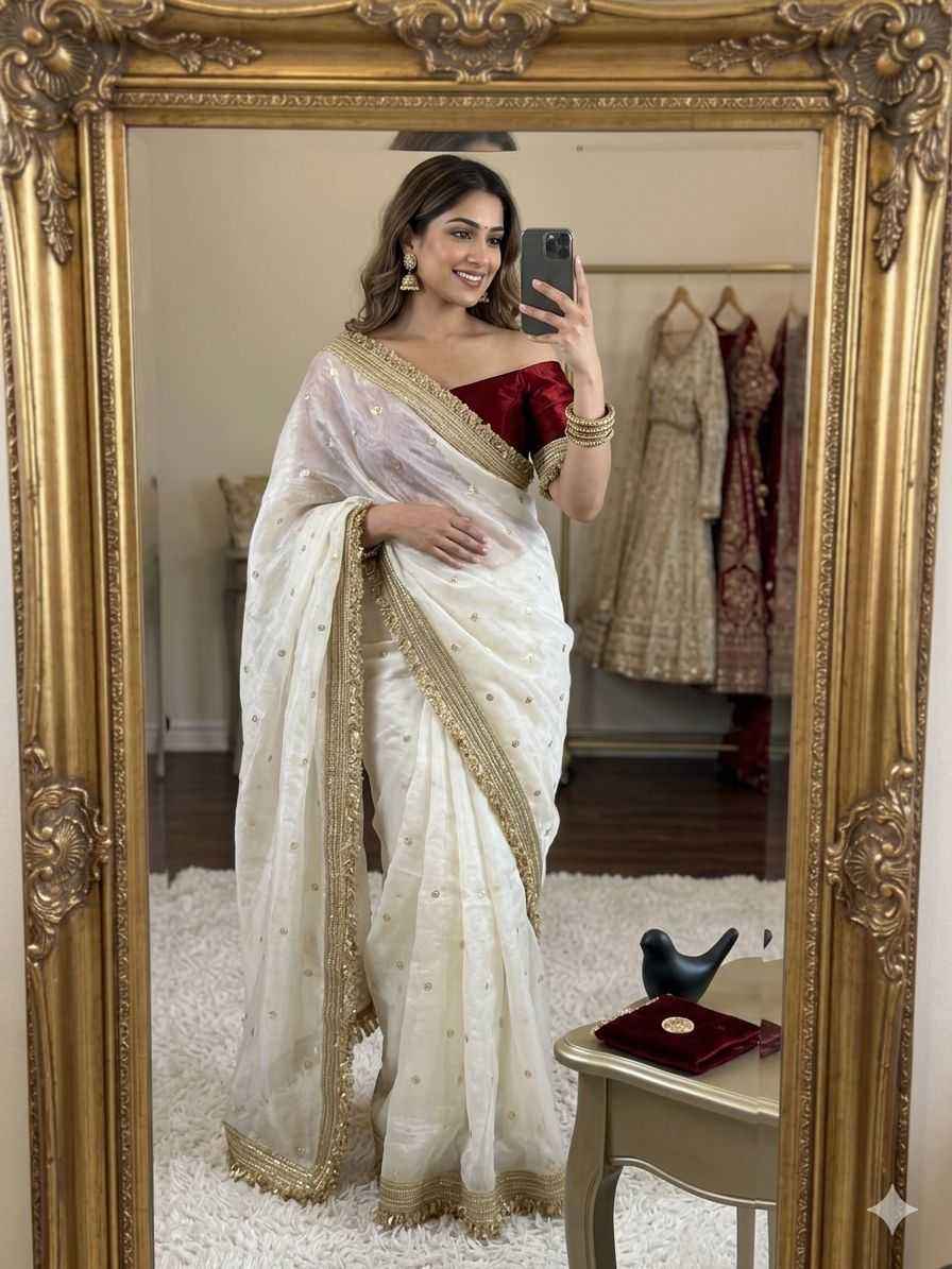 White Fendy Satin Saree with Embroidery & Heavy Lace Border