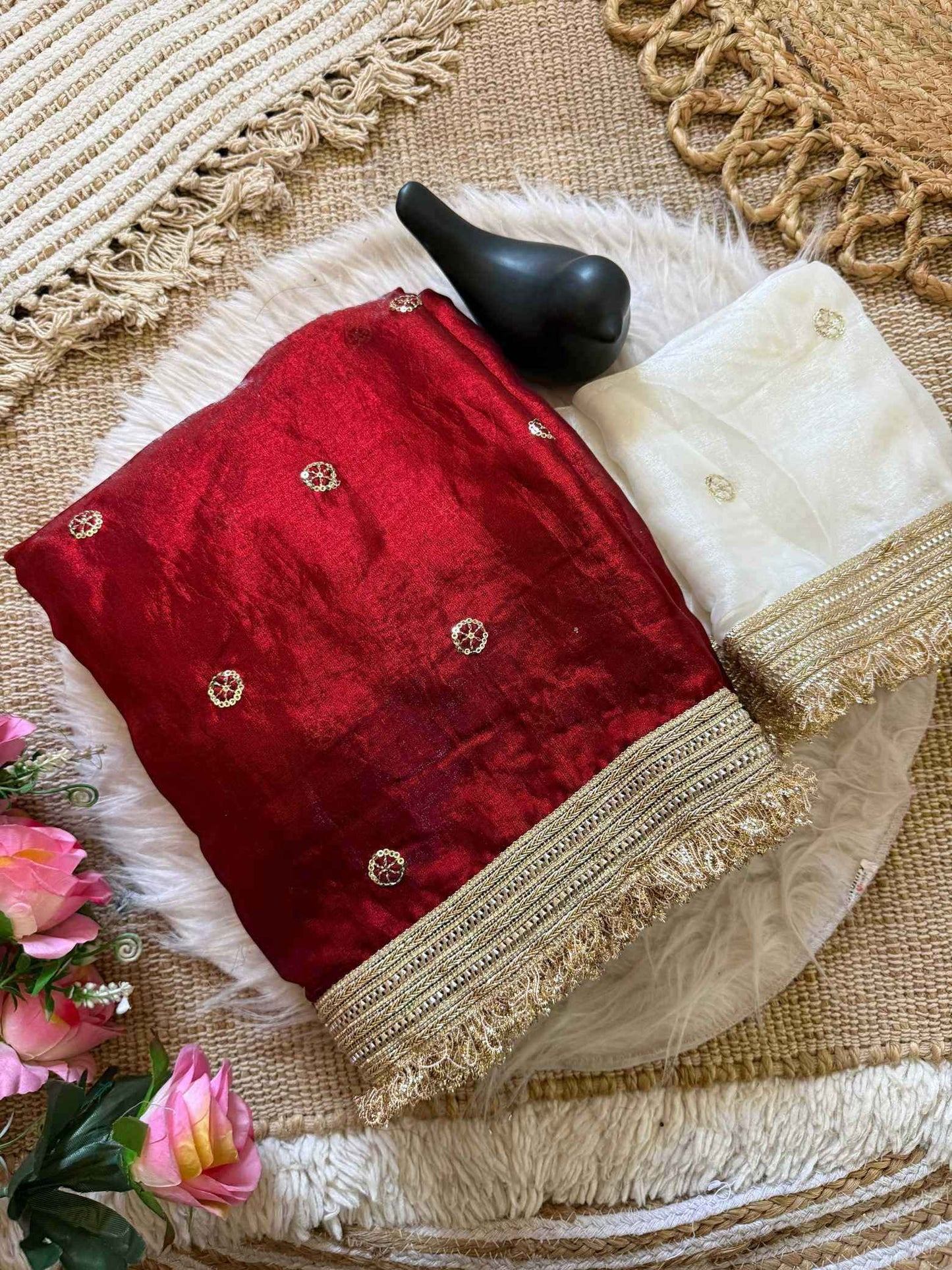 Wine Fendy Satin Saree with Embroidery & Heavy Lace Border