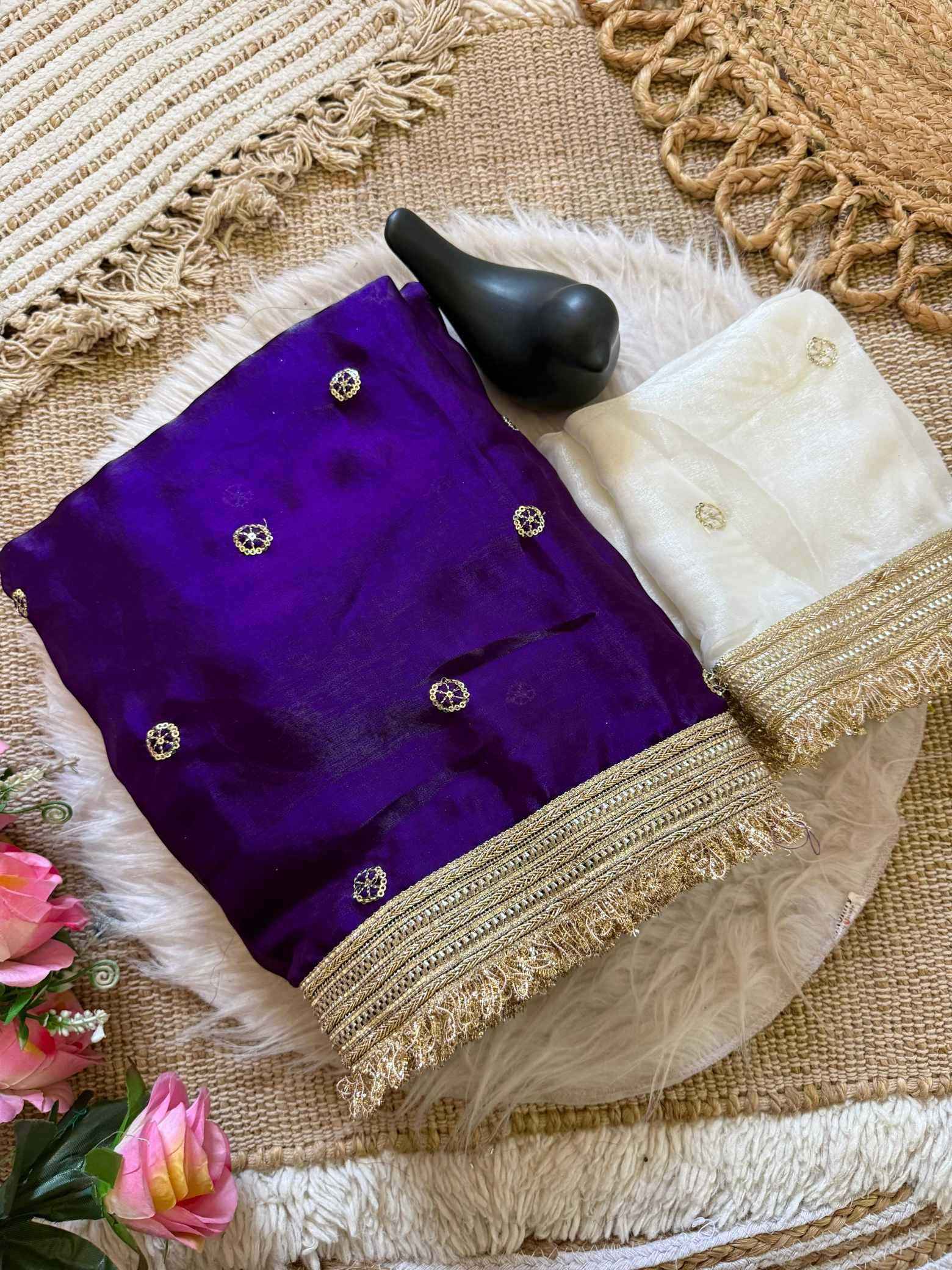 Violet Fendy Satin Saree with Embroidery & Heavy Lace Border
