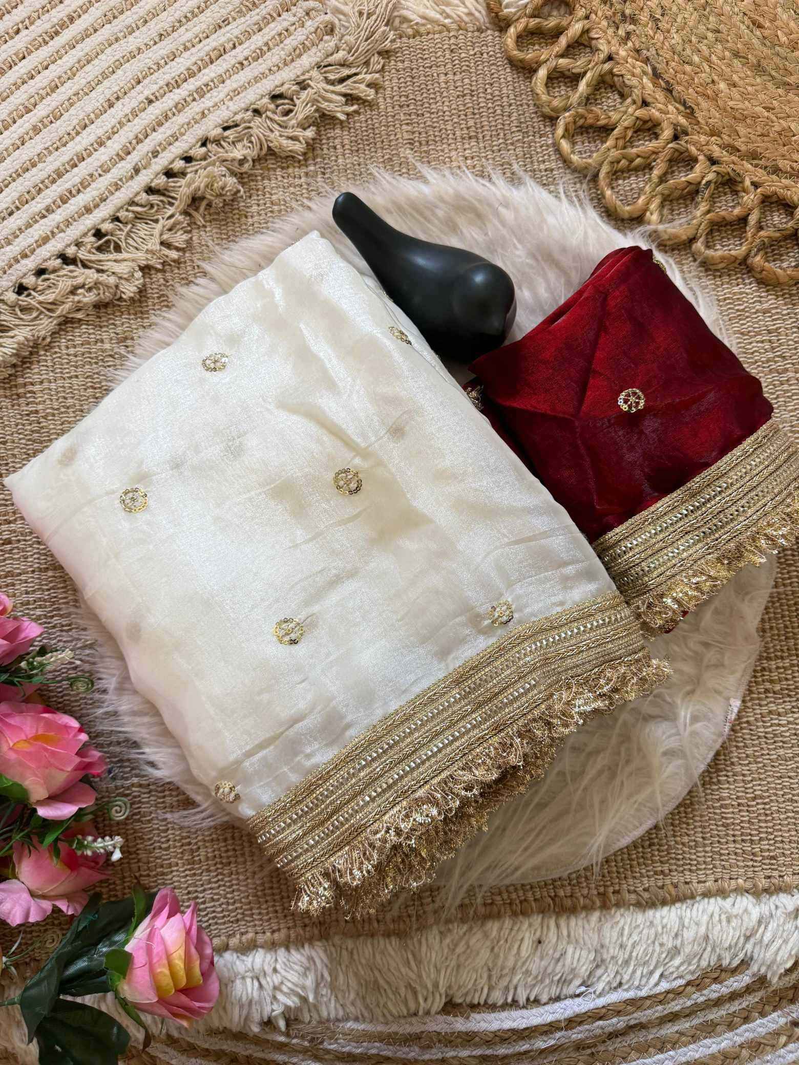 White Fendy Satin Saree with Embroidery & Heavy Lace Border