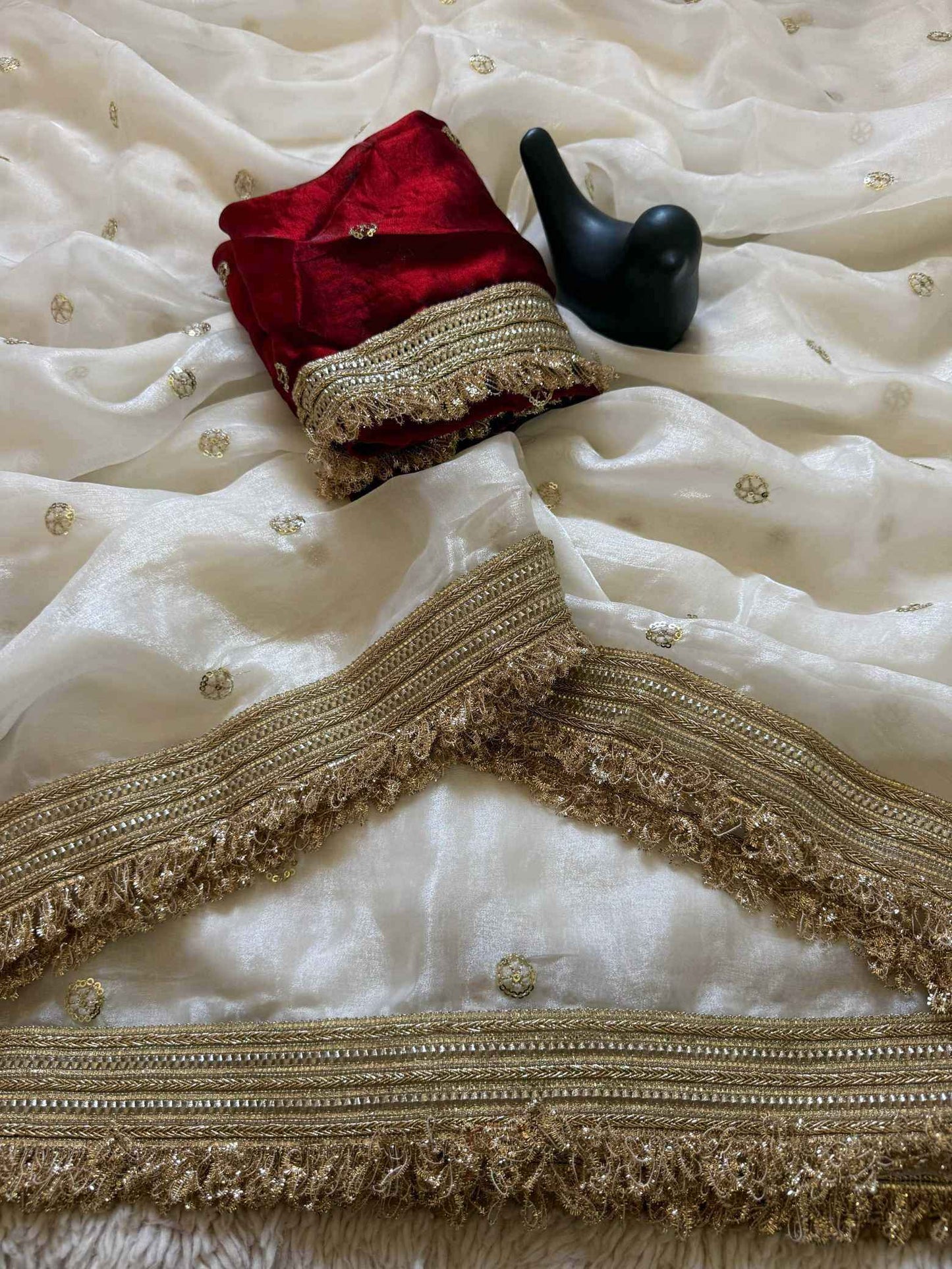 White Fendy Satin Saree with Embroidery & Heavy Lace Border