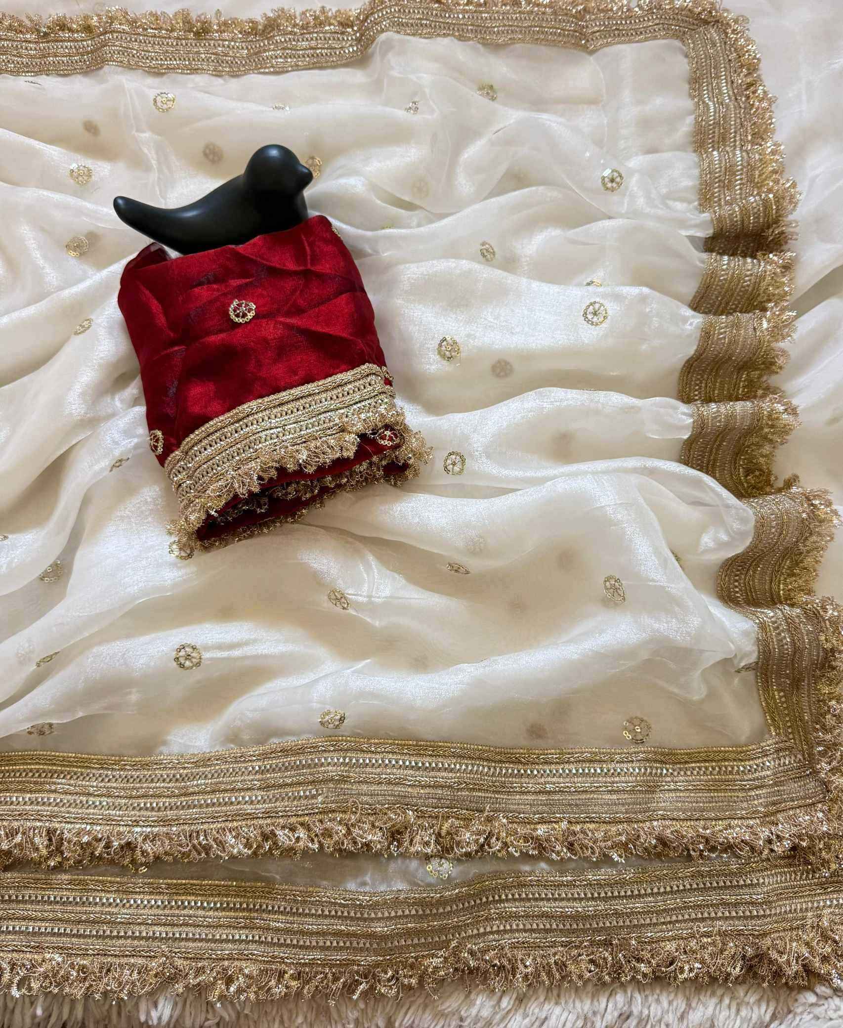 White Fendy Satin Saree with Embroidery & Heavy Lace Border