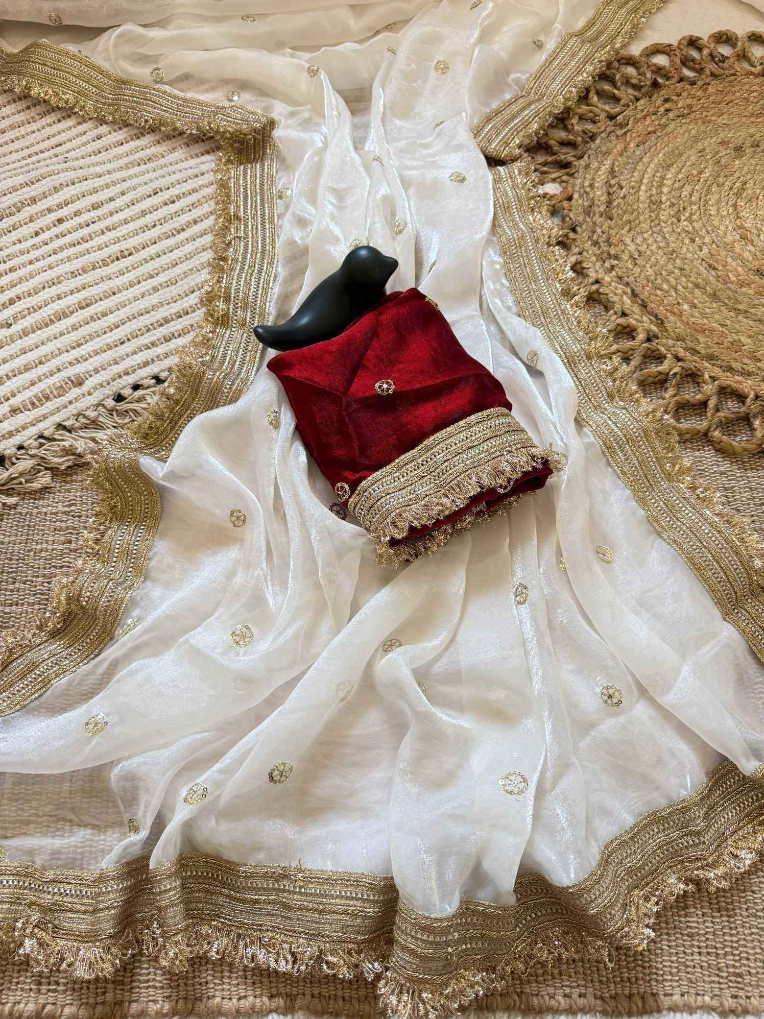 White Fendy Satin Saree with Embroidery & Heavy Lace Border