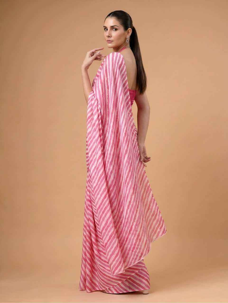 Baby Pink Designer Printed Satin Silk Saree