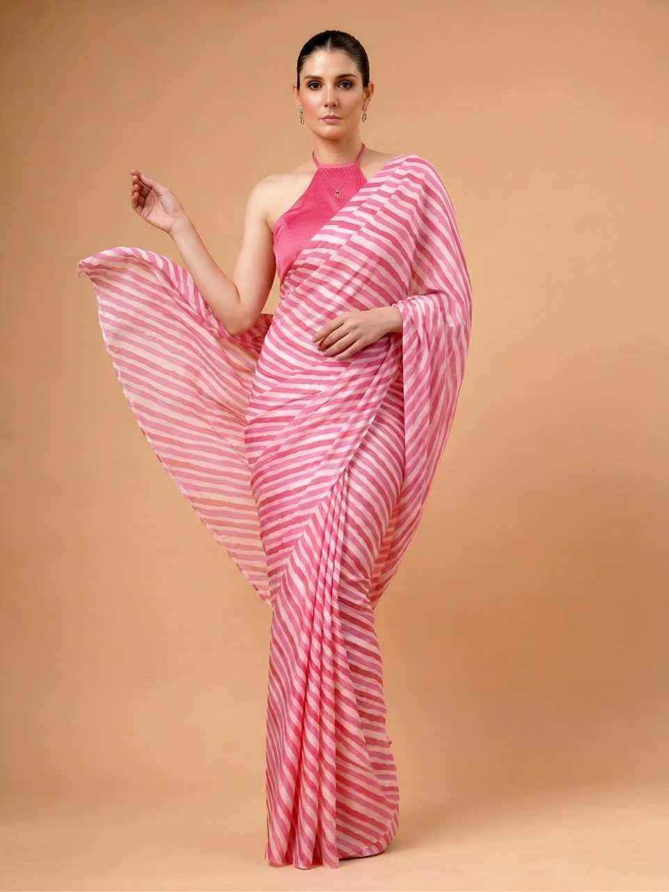 Baby Pink Designer Printed Satin Silk Saree