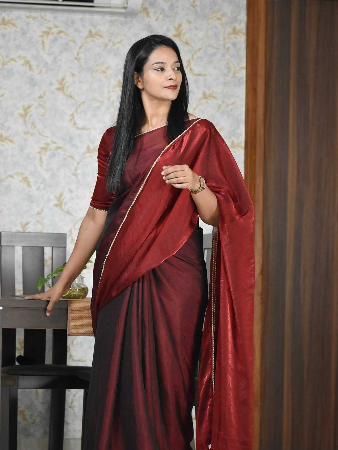 Maroon Dual Tone Satin Silk Saree with Moti Lace Border