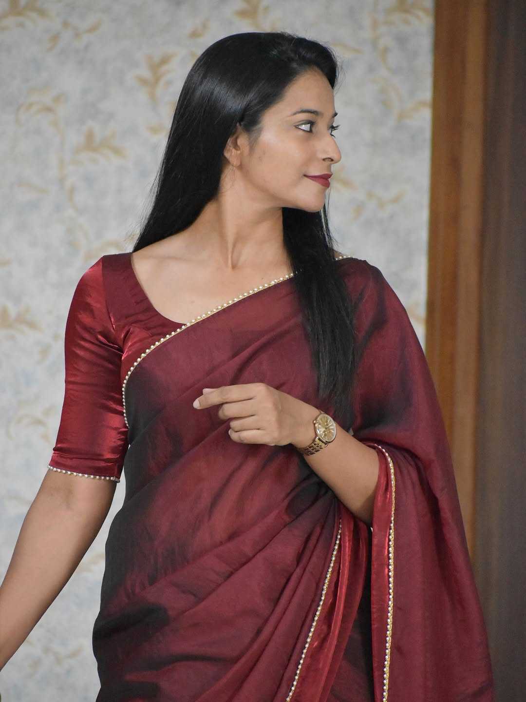 Maroon Dual Tone Satin Silk Saree with Moti Lace Border