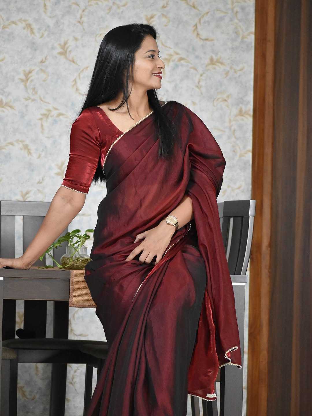 Maroon Dual Tone Satin Silk Saree with Moti Lace Border