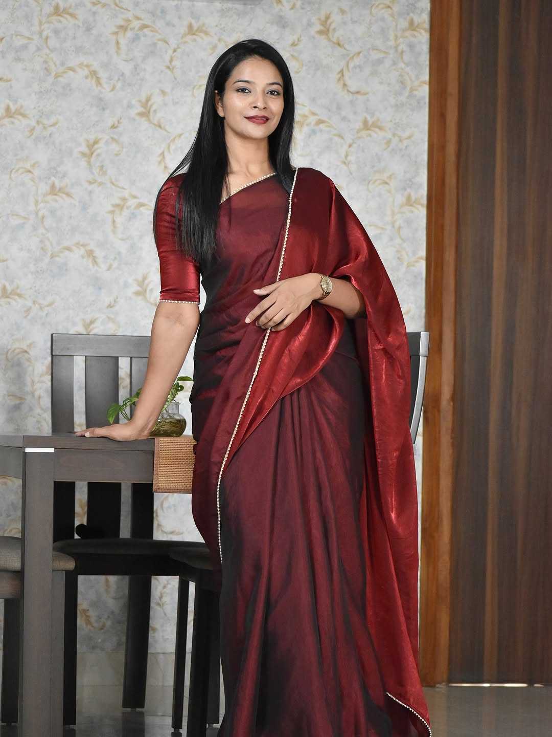 Maroon Dual Tone Satin Silk Saree with Moti Lace Border
