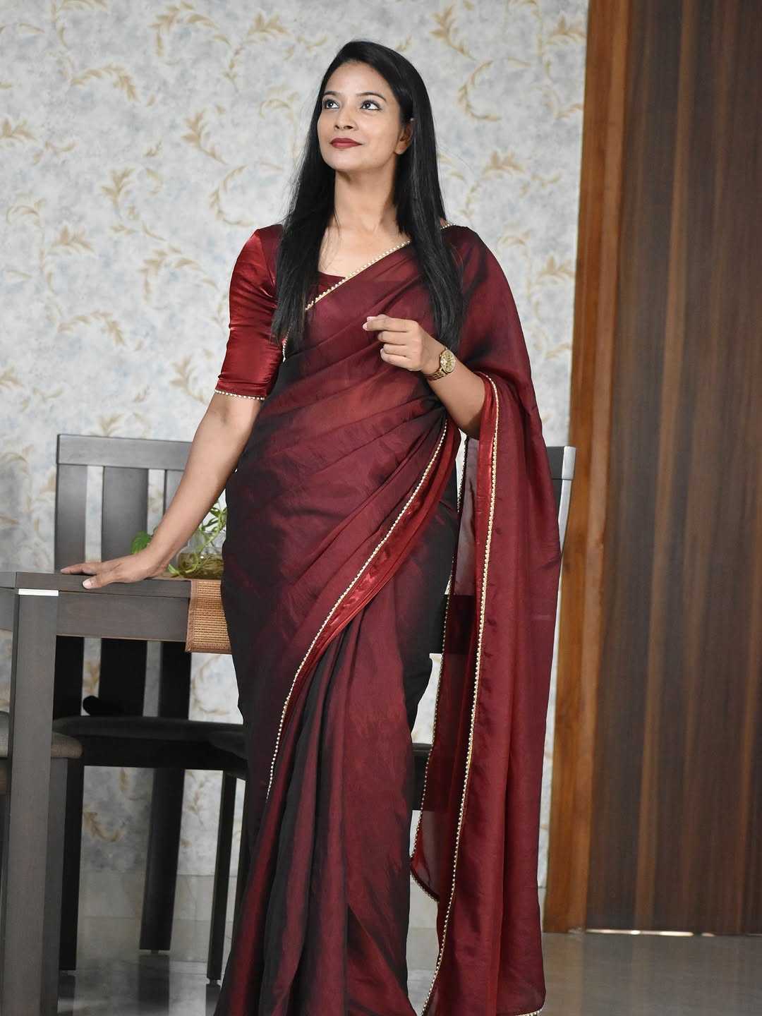 Maroon Dual Tone Satin Silk Saree with Moti Lace Border