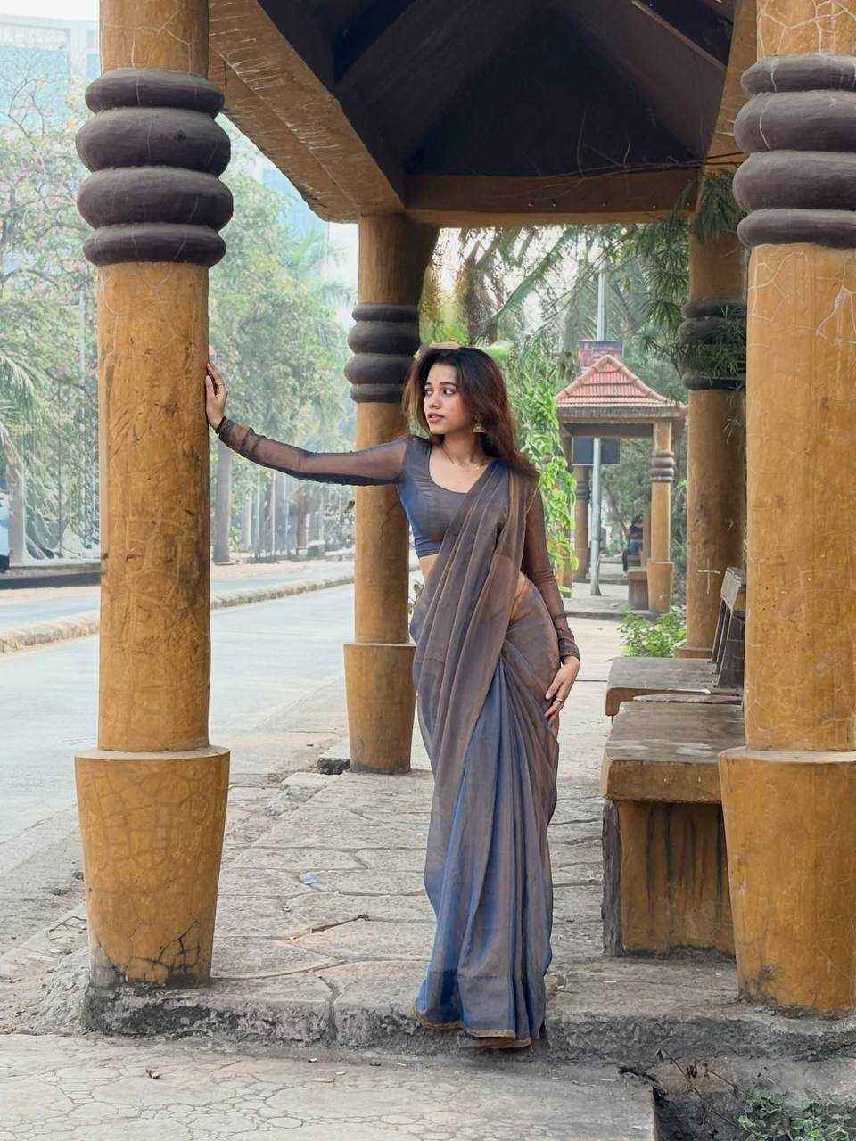 Designer Two Tone Silk Saree with Metallic Lace Border