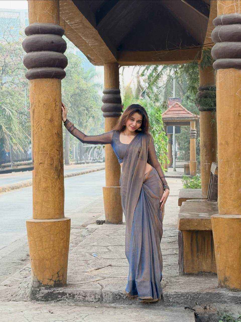 Designer Two Tone Silk Saree with Metallic Lace Border