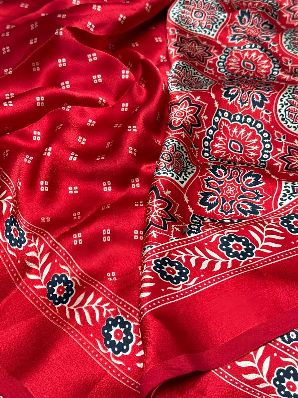 Red Ajrakh Printed Semi Modal Silk Saree with Rich Border - House of ViDi