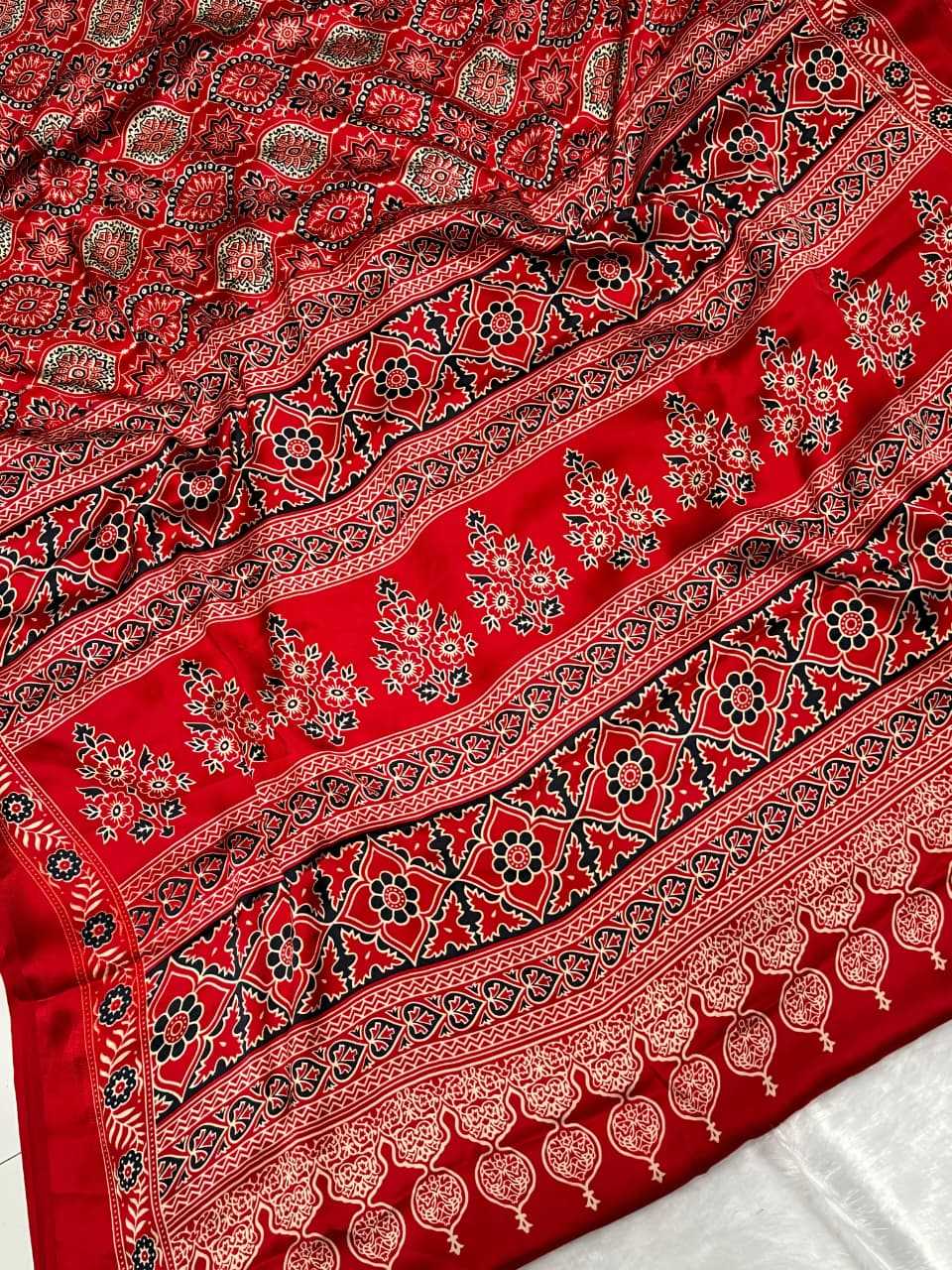 Red Ajrakh Printed Semi Modal Silk Saree with Rich Border - House of ViDi
