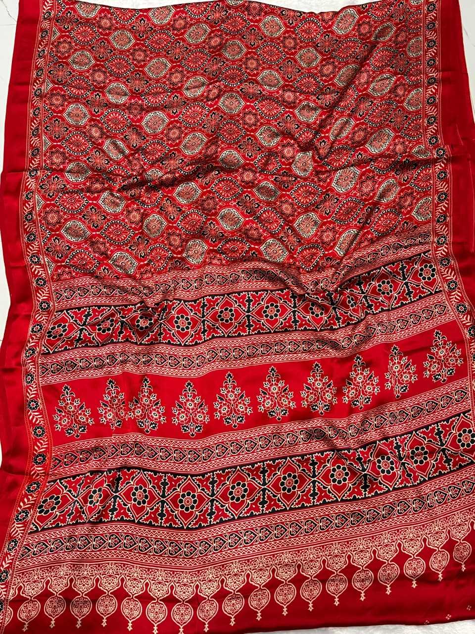 Red Ajrakh Printed Semi Modal Silk Saree with Rich Border - House of ViDi