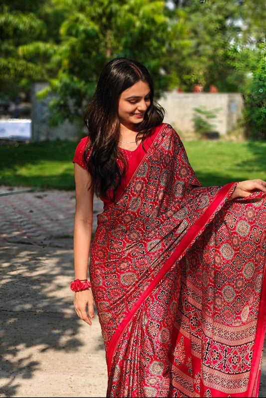 Red Ajrakh Printed Semi Modal Silk Saree with Rich Border