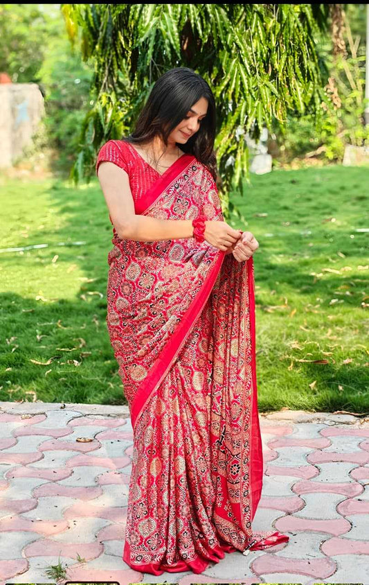 Red Ajrakh Printed Semi Modal Silk Saree with Rich Border