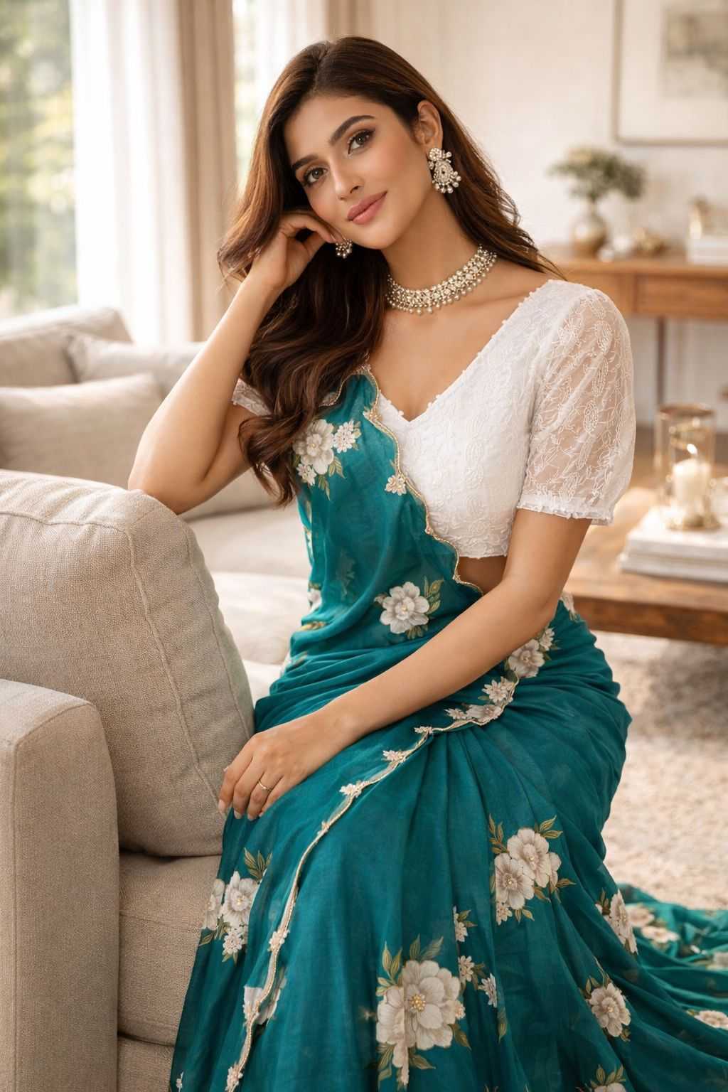 Soft Chinon Printed Saree with Handwork - House of ViDi