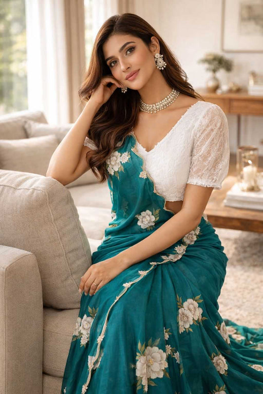 Soft Chinon Printed Saree with Handwork - House of ViDi
